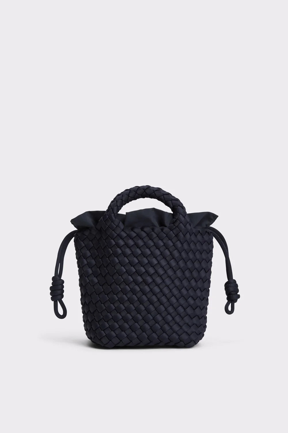Black woven bucket bag on a light gray background