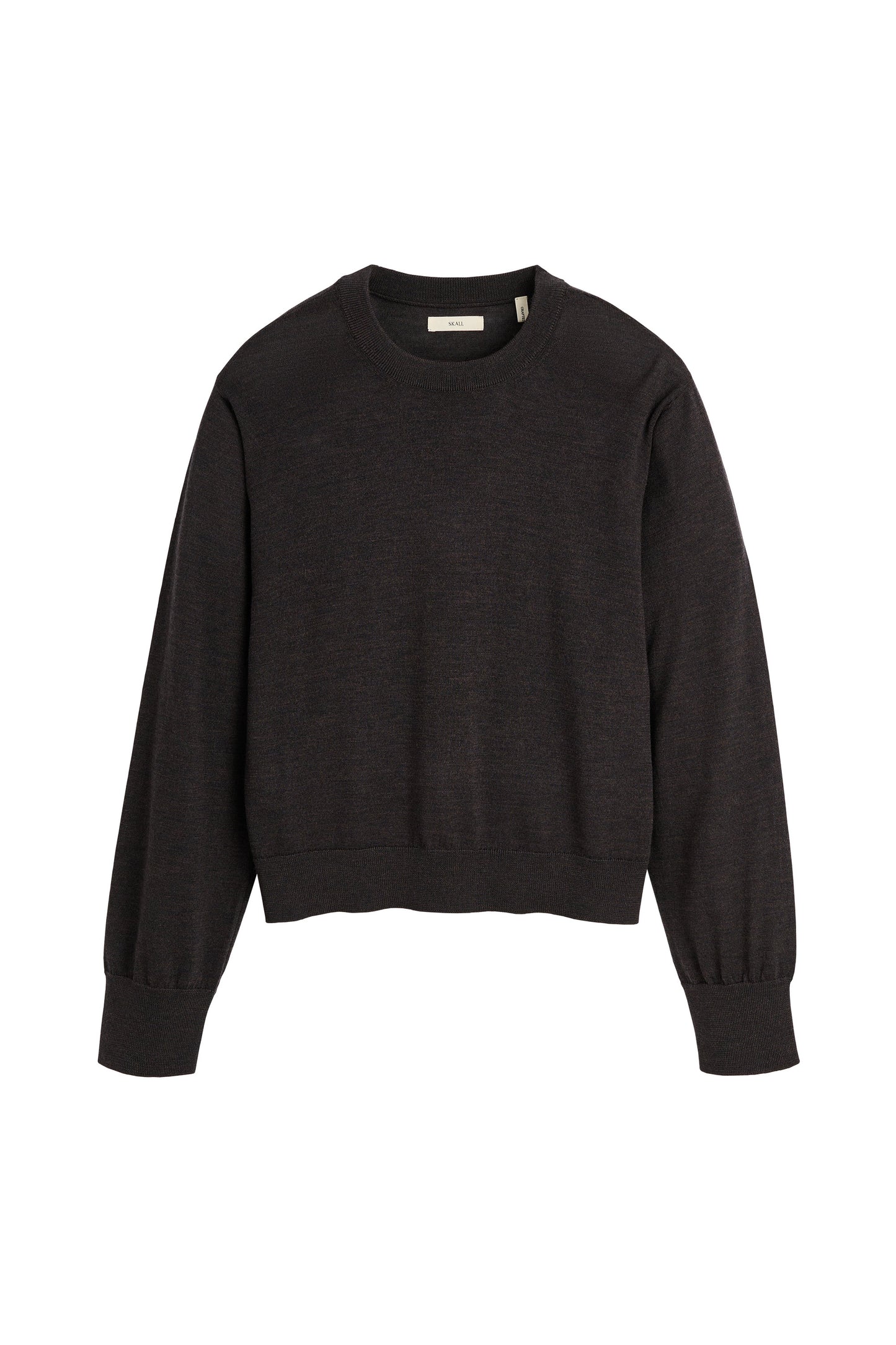 A dark charcoal gray crewneck sweater with long sleeves and ribbed cuffs, displayed flat against a solid white background.