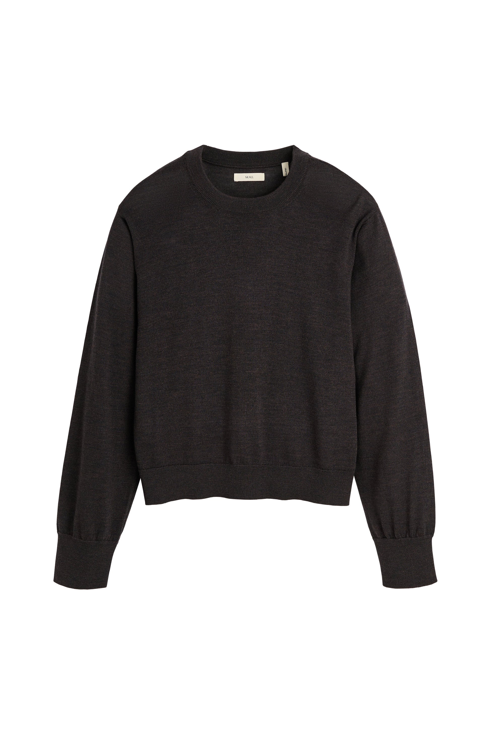 A dark charcoal gray crewneck sweater with long sleeves and ribbed cuffs, displayed flat against a solid white background.