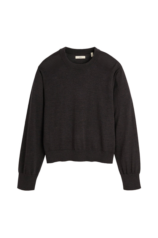 A dark charcoal gray crewneck sweater with long sleeves and ribbed cuffs, displayed flat against a solid white background.