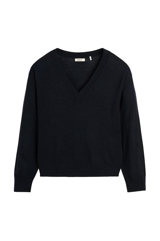 A black long-sleeve V-neck knit sweater displayed flat against a plain white background.