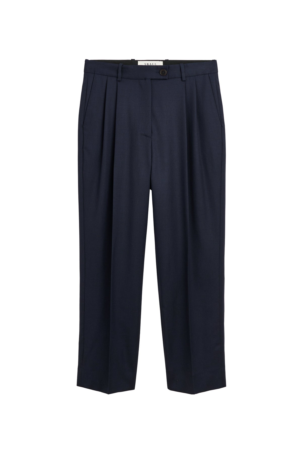 A pair of dark navy blue pleated trousers shown flat against a solid white background.