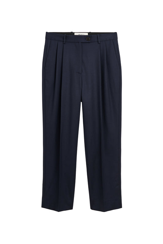 A pair of dark navy blue pleated trousers shown flat against a solid white background.
