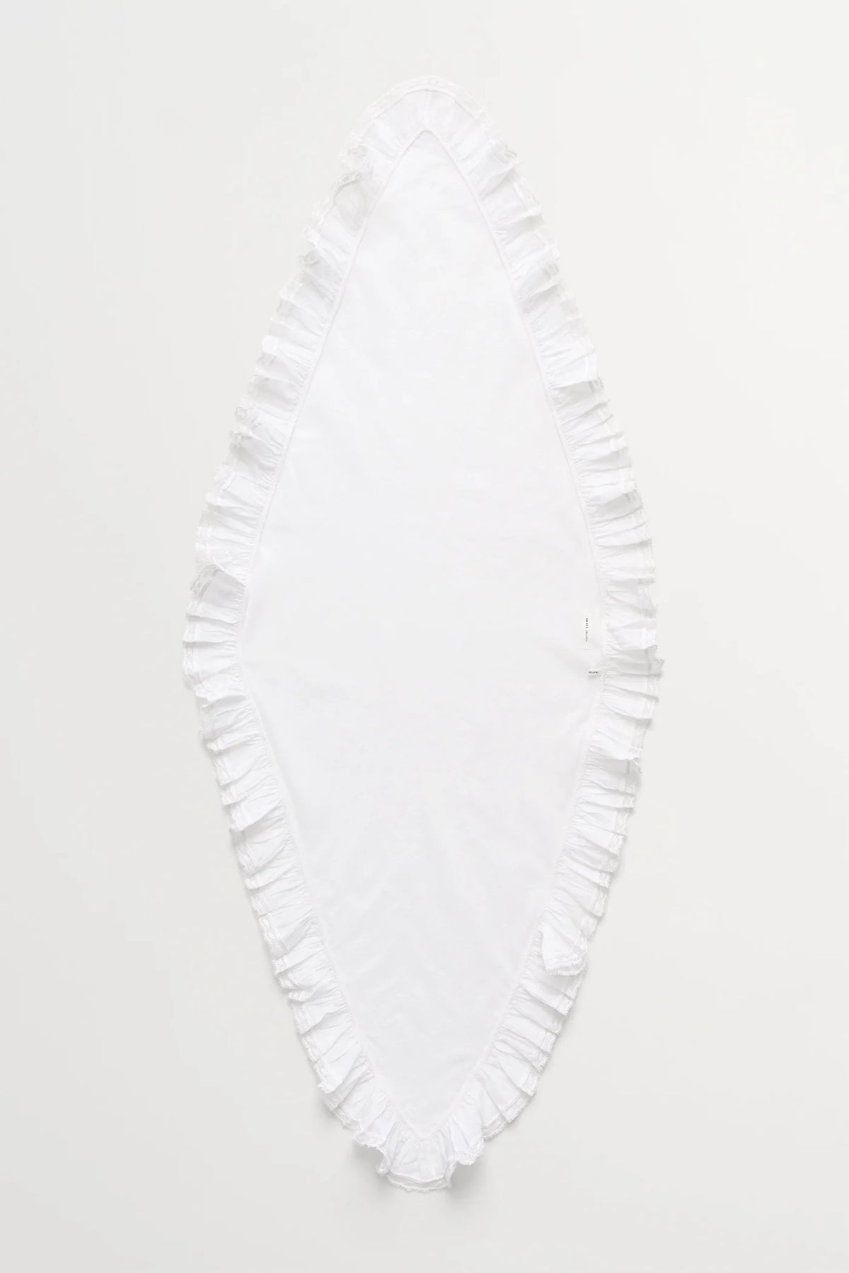 A white fabric accessory with a delicate ruffled border, laid flat against a clean white background.