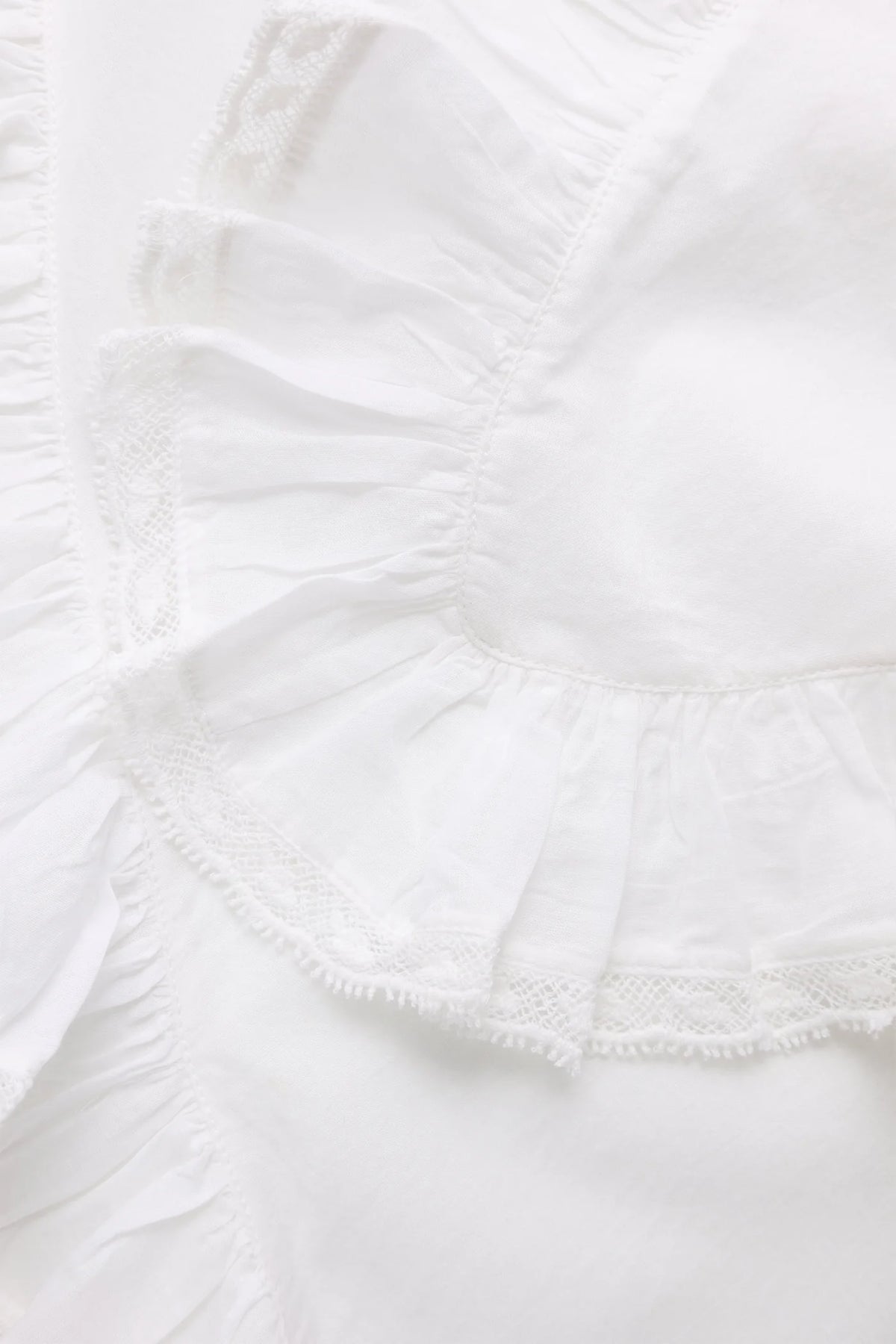 Close-up of a white ruffled fabric garment with delicate lace trim and gathered seams.