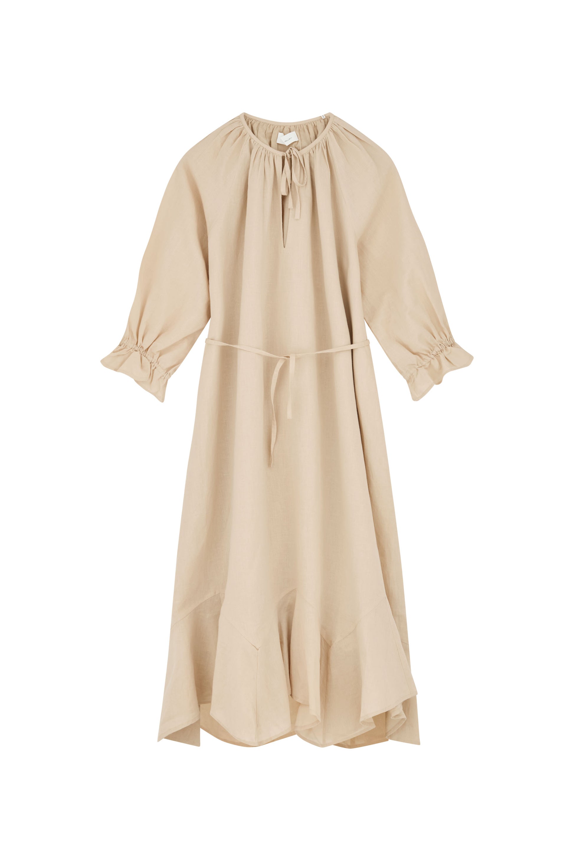 A light beige midi dress with three-quarter sleeves, a gathered high neck with a front tie, and a matching fabric tie belt at the waist, shown against a plain white background.