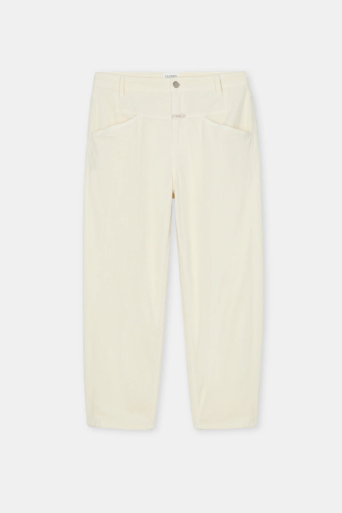 A pair of cream-colored cropped trousers with a button closure and front pockets, displayed flat against a light gray background.