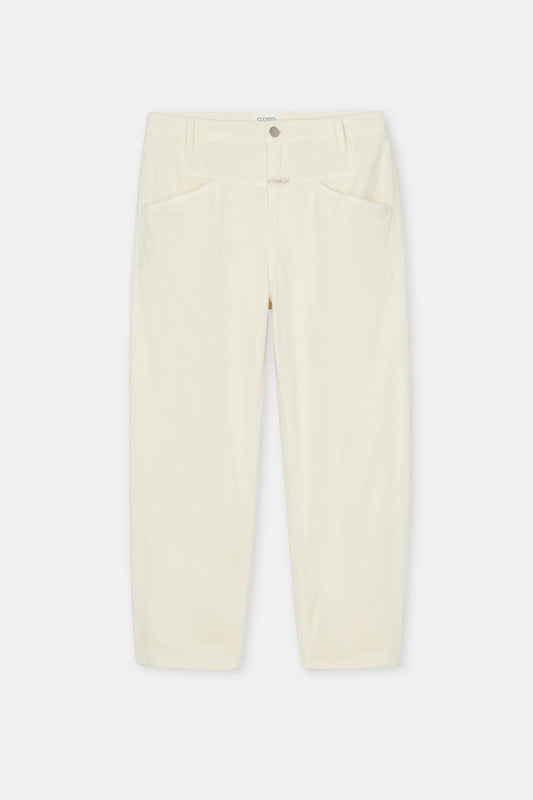 A pair of cream-colored cropped trousers with a button closure and front pockets, displayed flat against a light gray background.