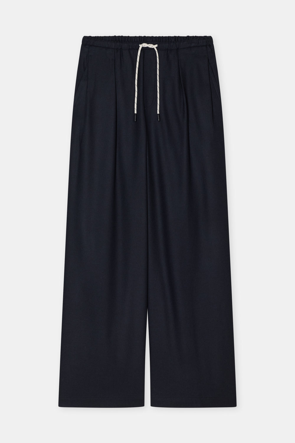 Navy wide-leg cropped pants with an elastic waistband and a white drawstring, shown flat on a light gray background.