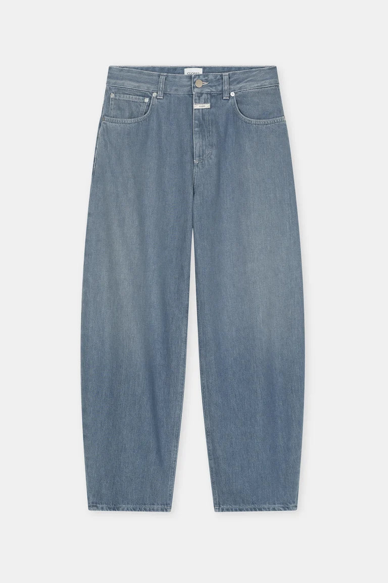Light blue denim jeans with a relaxed, straight-leg fit, shown flat against a light gray background.