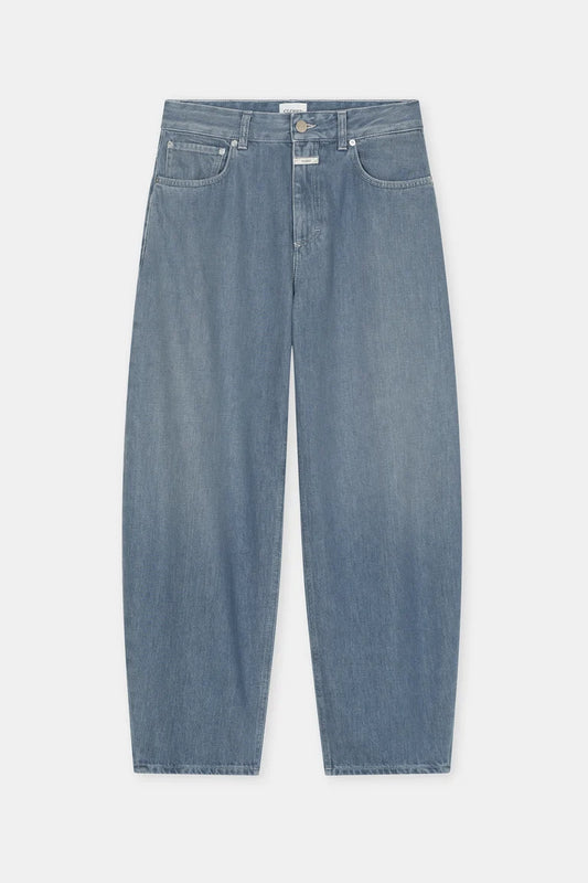 Light blue denim jeans with a relaxed, straight-leg fit, shown flat against a light gray background.