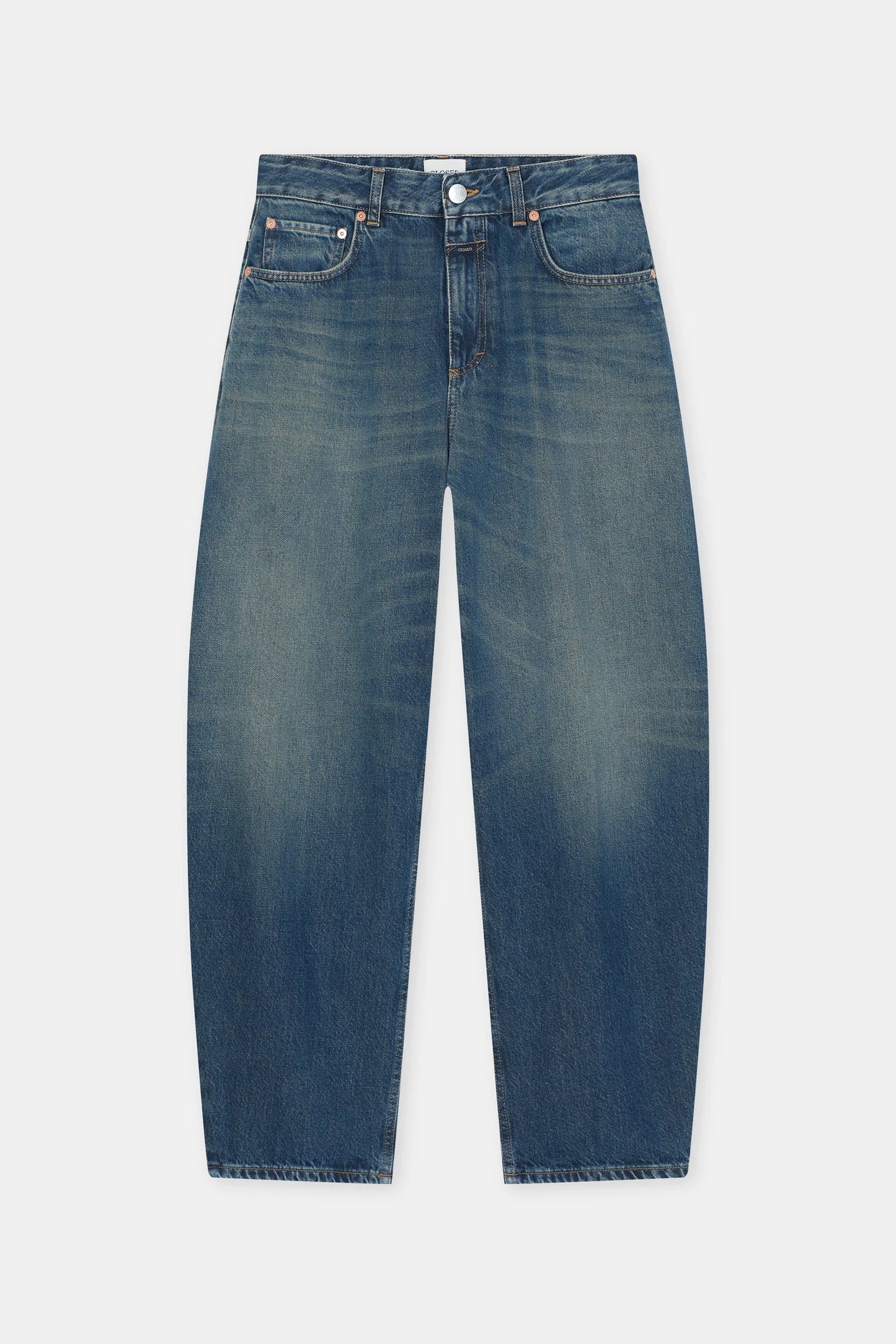 A pair of medium-wash blue denim jeans with a straight-leg fit, shown flat against a light gray background.