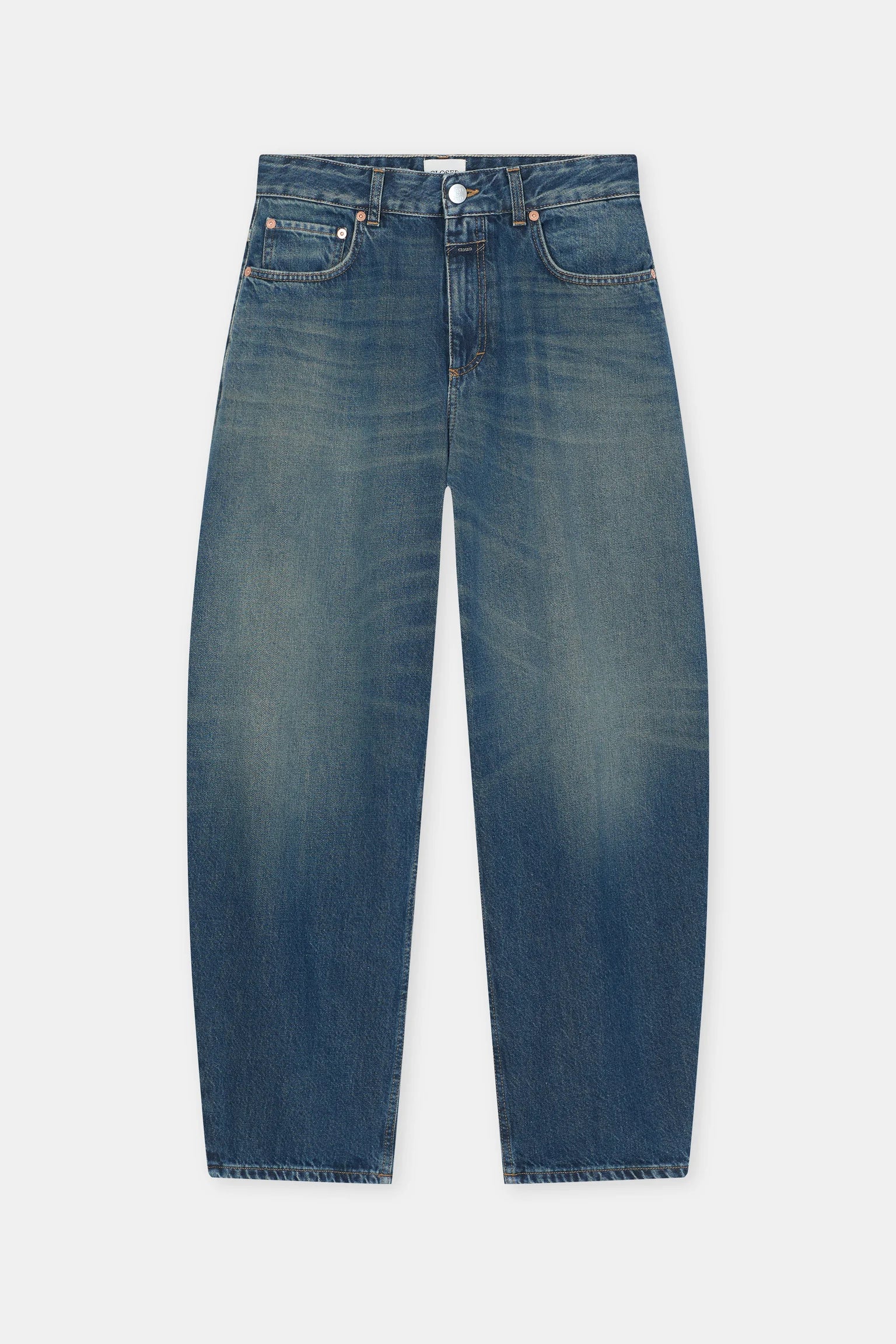 A pair of medium-wash blue denim jeans with a straight-leg fit, shown flat against a light gray background.
