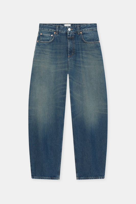 A pair of medium-wash blue denim jeans with a straight-leg fit, shown flat against a light gray background.