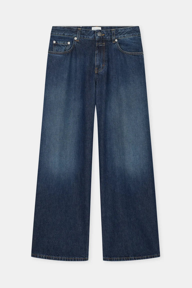 A pair of dark blue wide-leg denim jeans with a faded wash, displayed flat against a light gray background.
