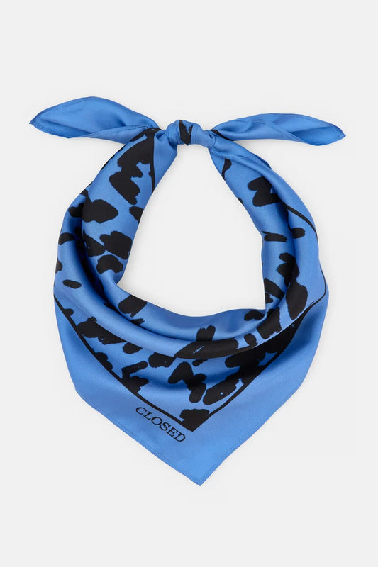 Blue scarf with black pattern on a white background