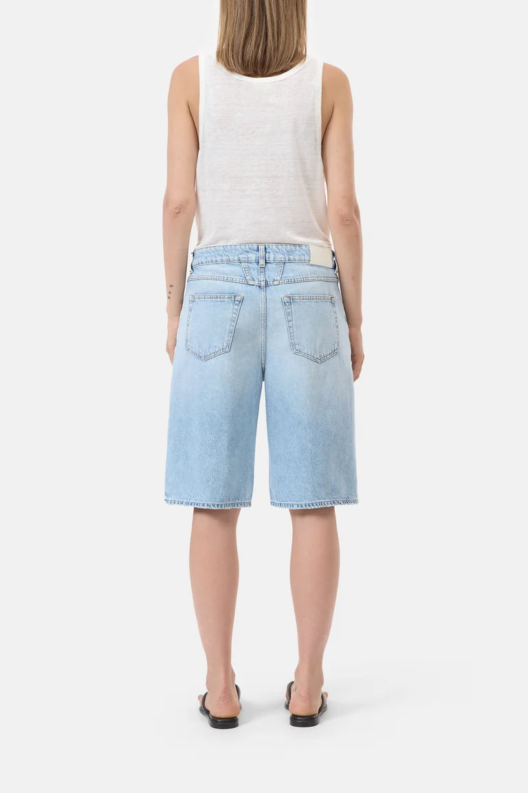 Person wearing light blue denim shorts on a white background