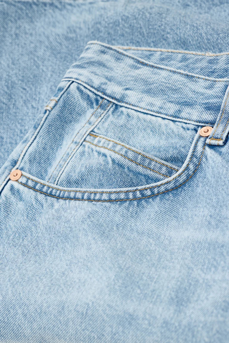 Close-up of a blue denim pocket with stitching details