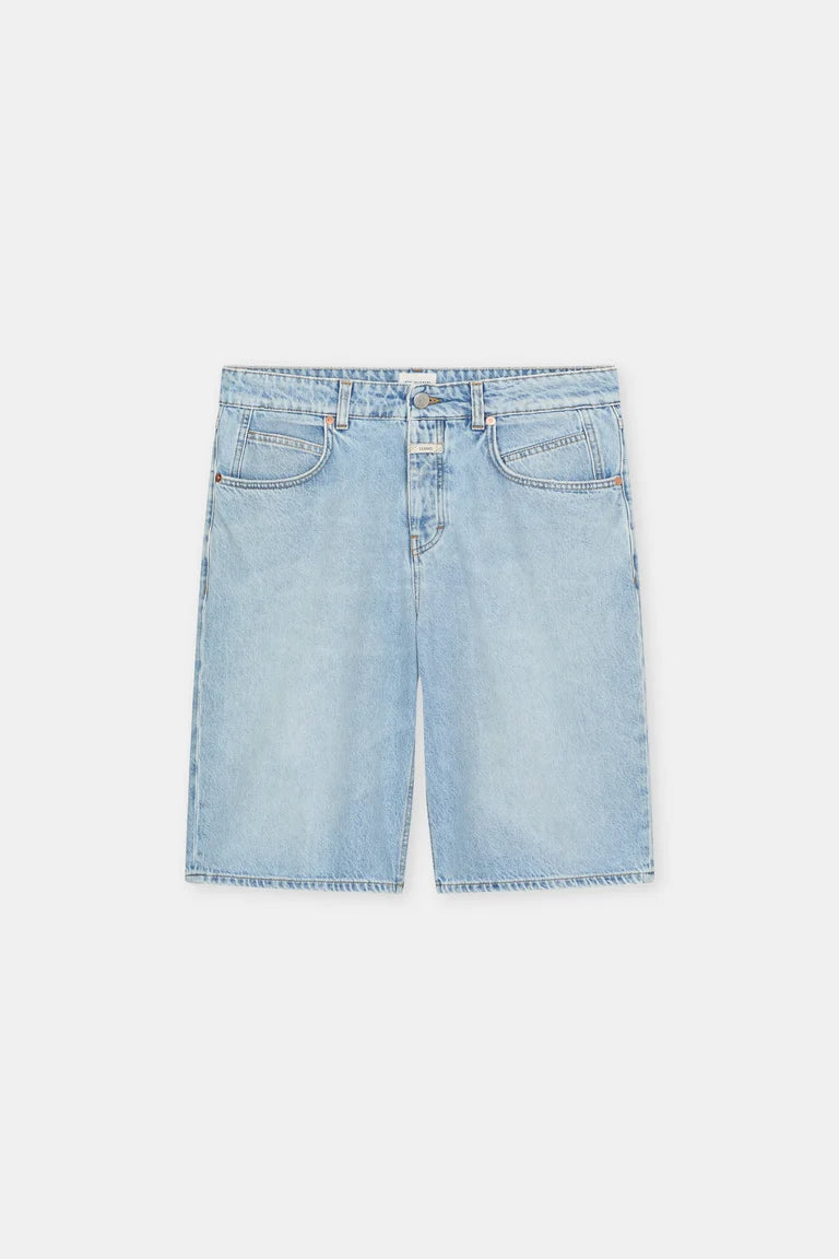 Light blue denim shorts on a white background