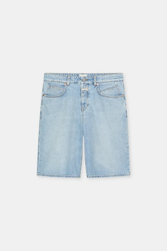 Light blue denim shorts on a white background