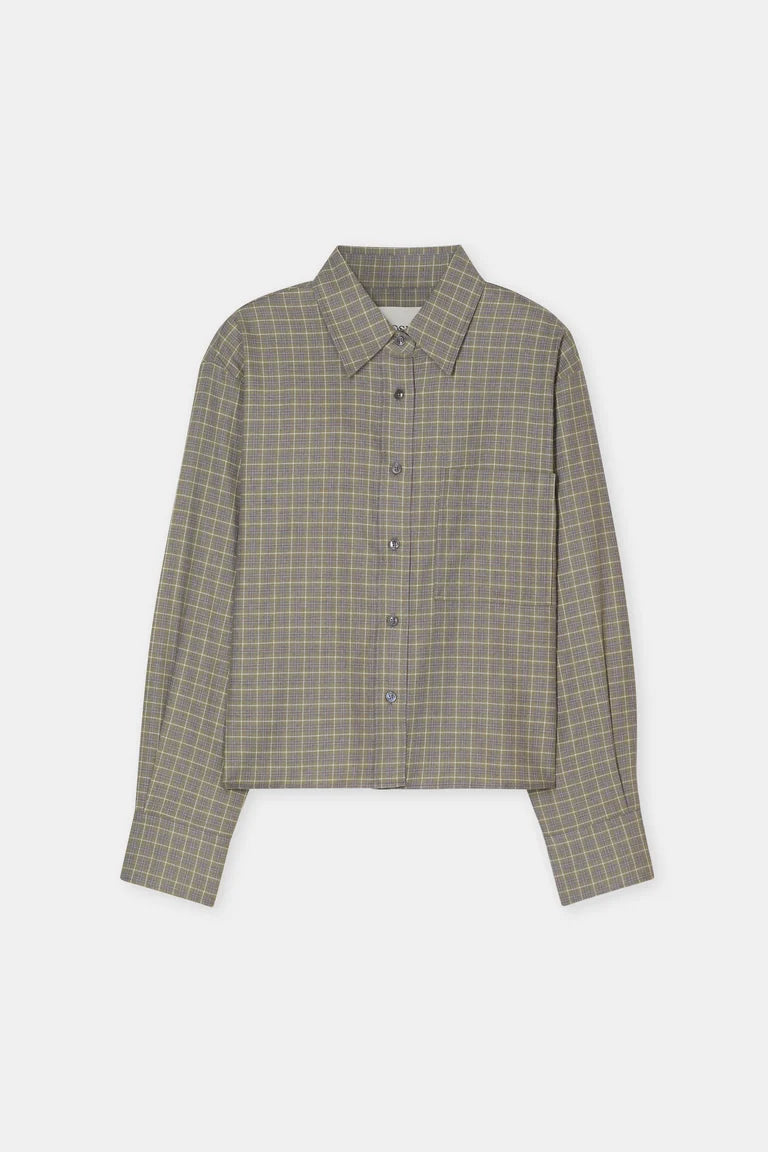 A cropped long-sleeve button-up shirt with a subtle plaid pattern in olive green and beige, displayed on a clean light gray background.