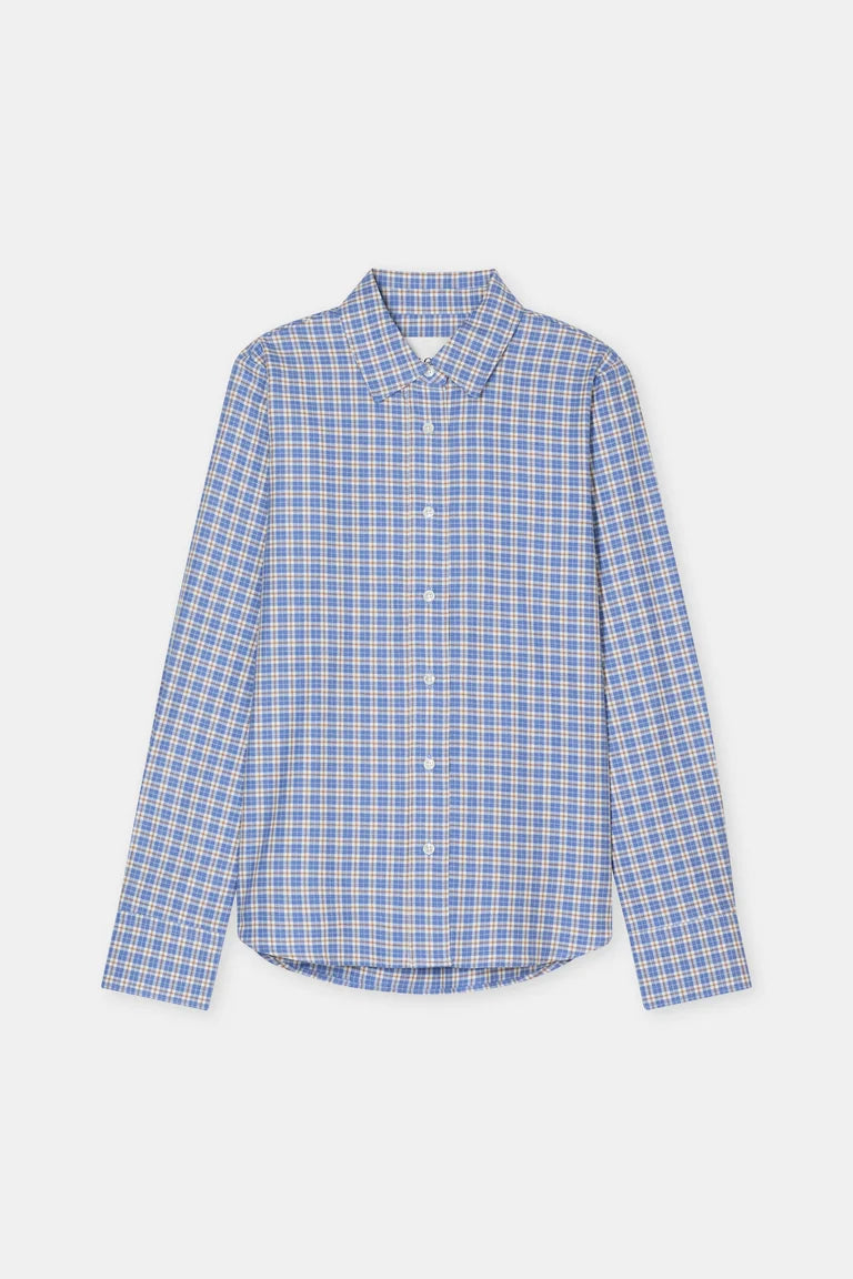 A long-sleeve button-up shirt with a blue and white checkered pattern, displayed flat against a light gray background.