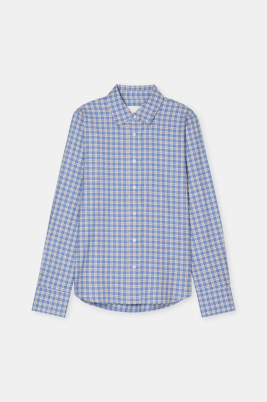 A long-sleeve button-up shirt with a blue and white checkered pattern, displayed flat against a light gray background.