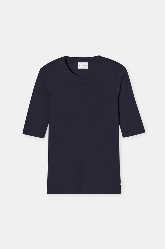Navy blue t-shirt with a quarter-sleeve design on a white background