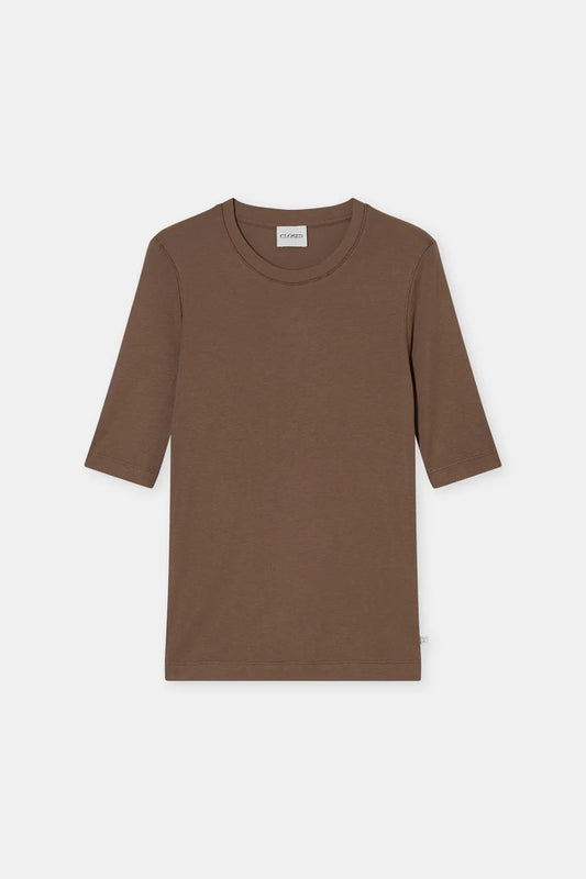 Brown t-shirt with 3/4 sleeves on a white background