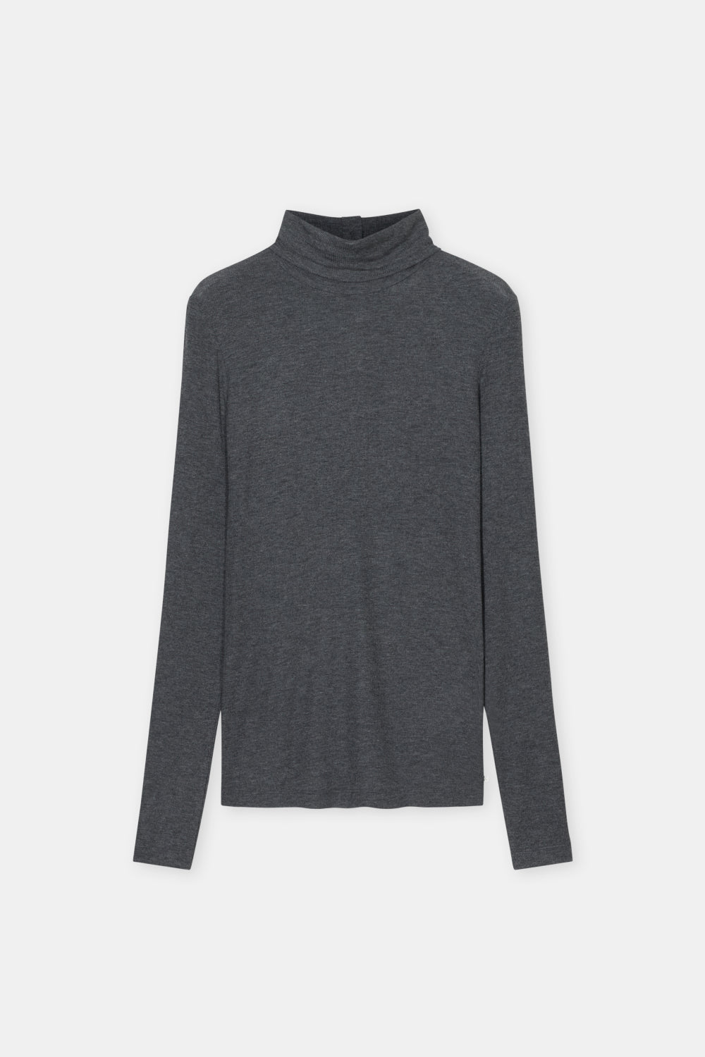 A dark gray long-sleeve turtleneck sweater displayed flat against a light gray background.