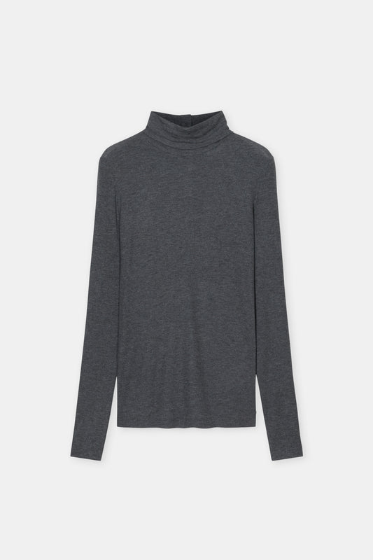 A dark gray long-sleeve turtleneck sweater displayed flat against a light gray background.