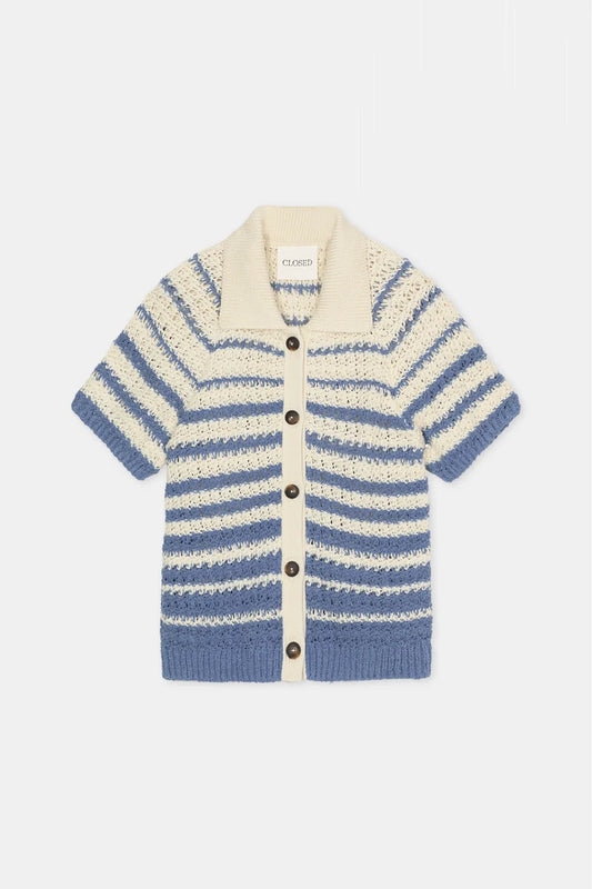 Striped polo cardigan in stone blue