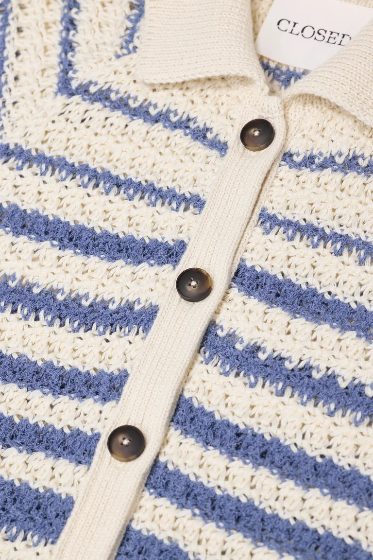 Striped polo cardigan in stone blue