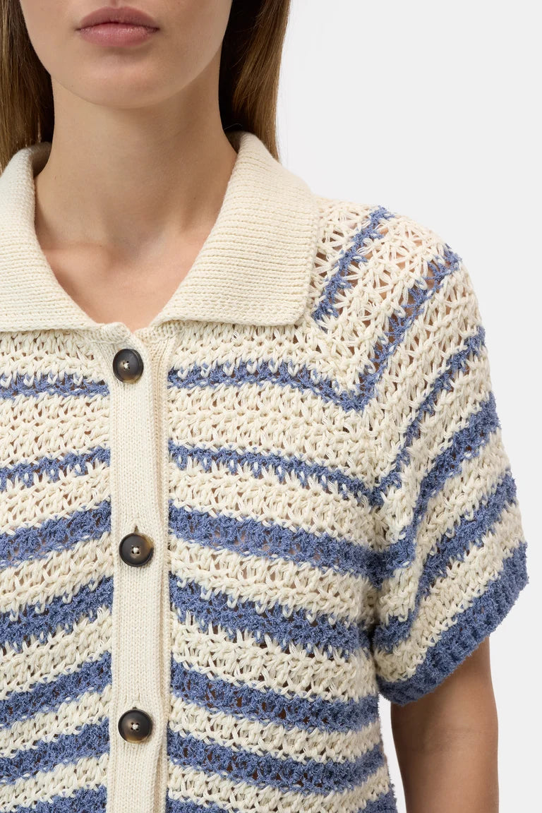 Striped polo cardigan in stone blue