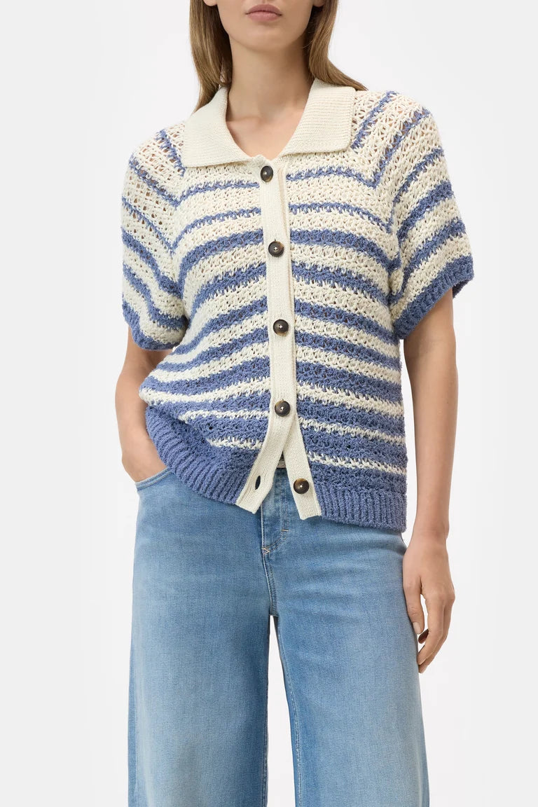 Striped polo cardigan in stone blue
