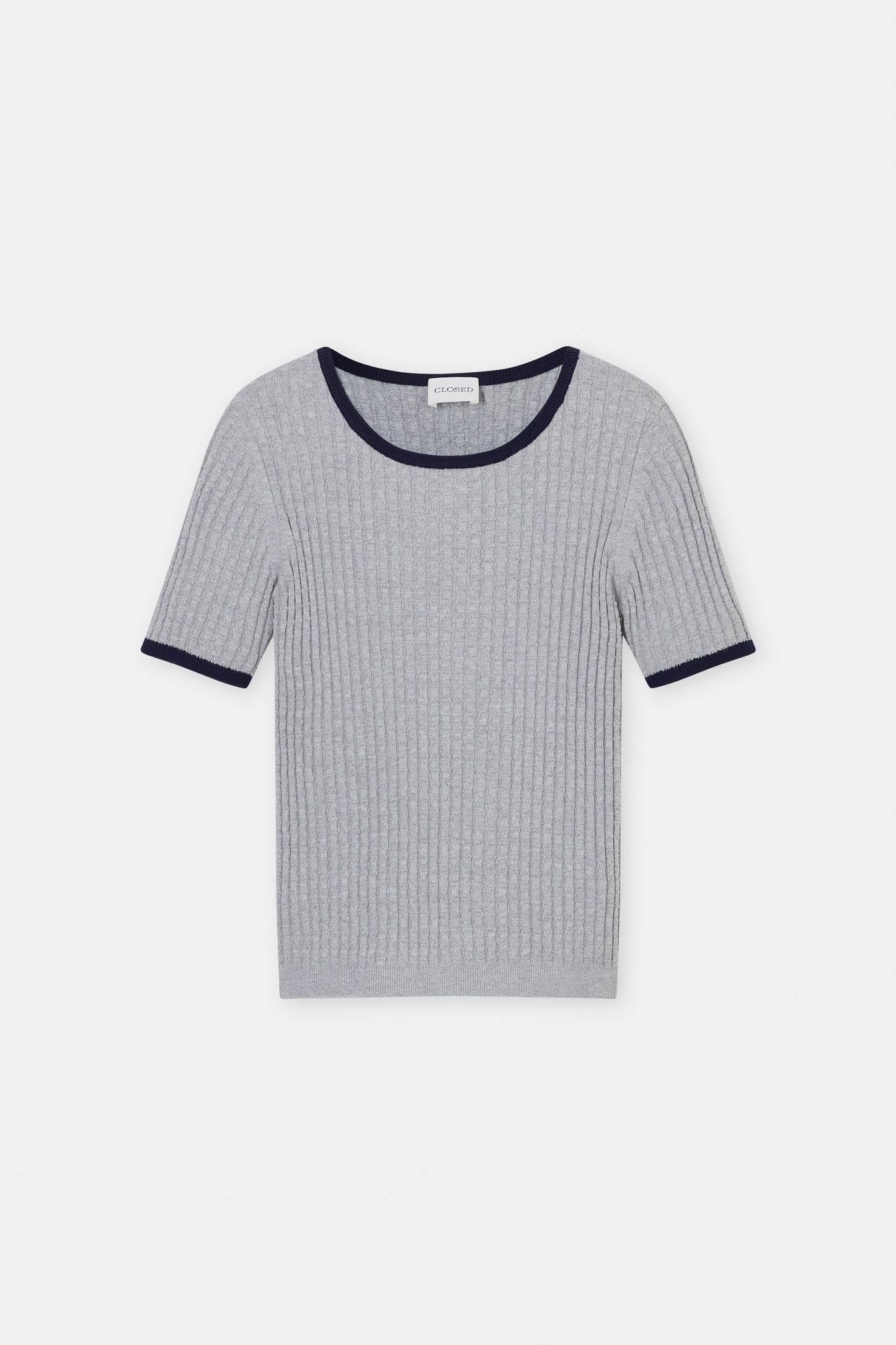 Gray ribbed knit t-shirt with navy trim on a white background