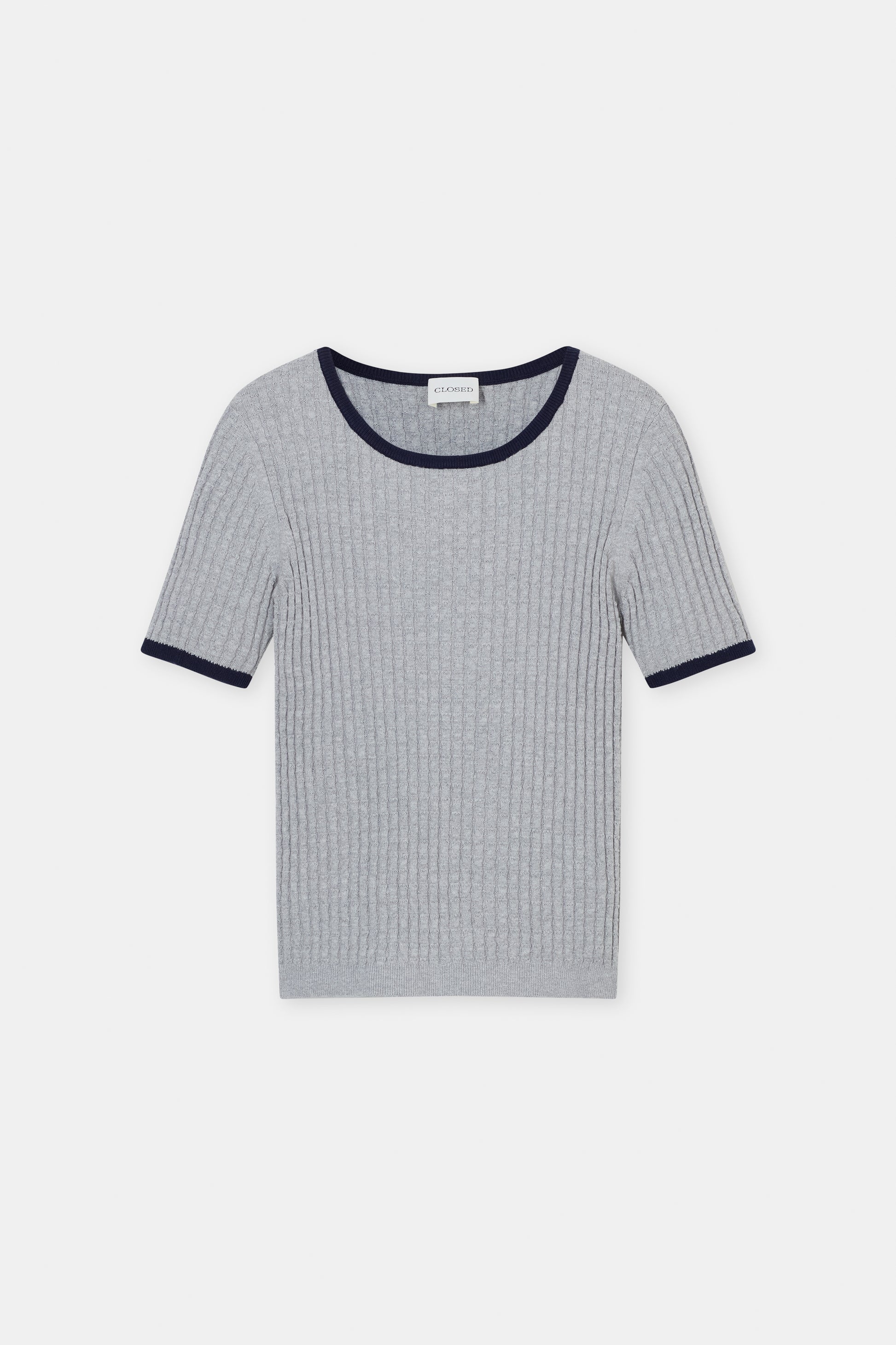 Gray ribbed knit t-shirt with navy trim on a white background
