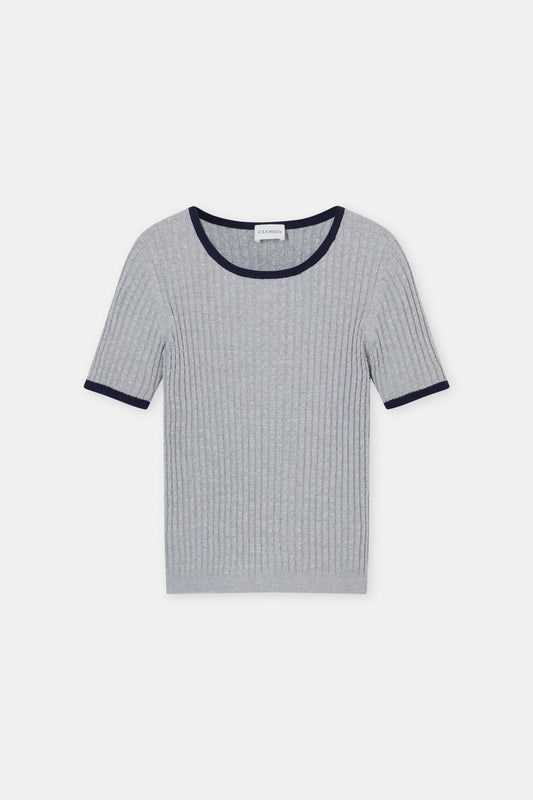 Gray ribbed knit t-shirt with navy trim on a white background