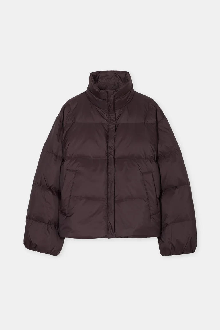 A dark brown puffer jacket with a high stand-up collar, shown flat against a light gray background.