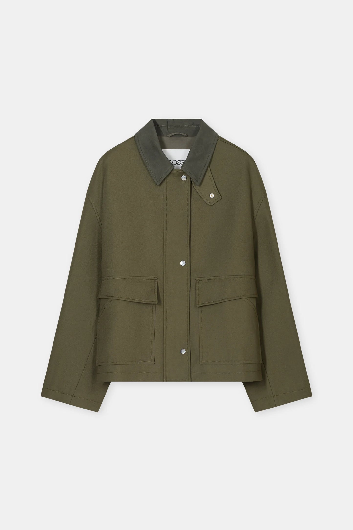 An olive green utility jacket with a contrasting dark gray collar, shown flat against a light gray background.