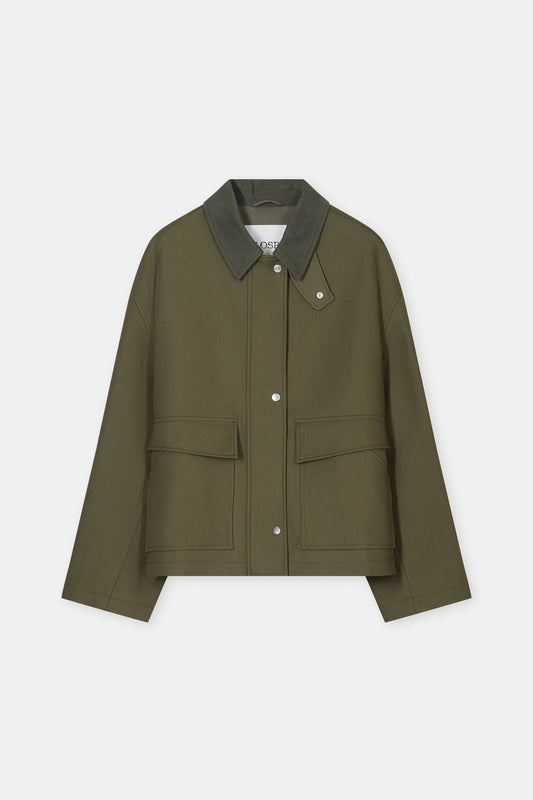 An olive green utility jacket with a contrasting dark gray collar, shown flat against a light gray background.