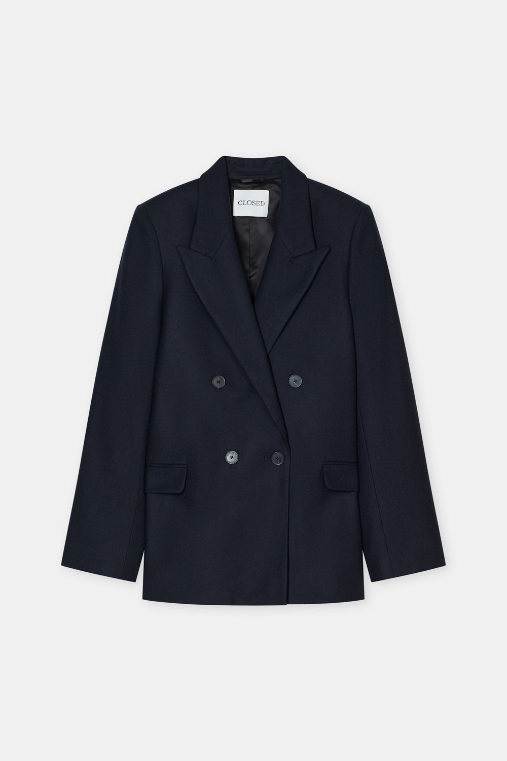 A dark navy blue double-breasted blazer with notched lapels and dark buttons, displayed flat against a light gray background.