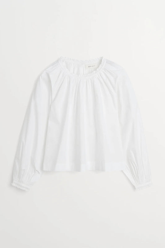 A white long-sleeve blouse with a gathered, smocked neckline and elasticized cuffs, shown flat against a light off-white background.