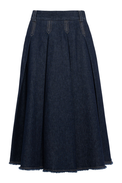 Dark blue denim skirt on a white background
