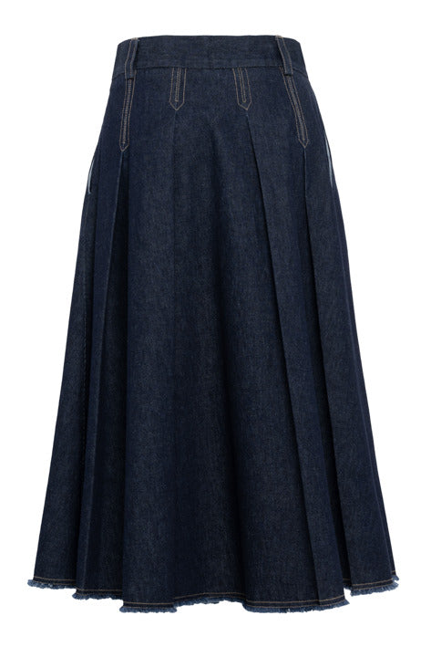 Dark blue denim skirt on a white background