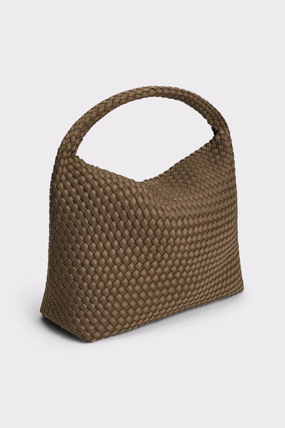 A brown woven leather shoulder bag with a single integrated handle, shown on a light gray background.