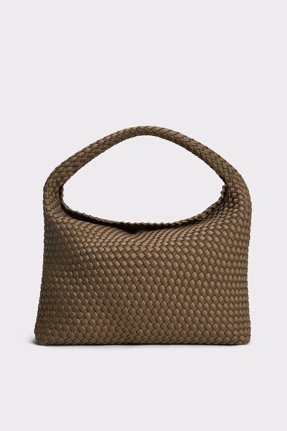 A brown woven leather shoulder bag with a single integrated handle, shown against a light gray studio background.