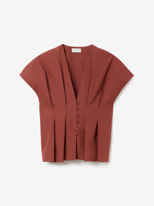 Cinched cotton top in mahogany red