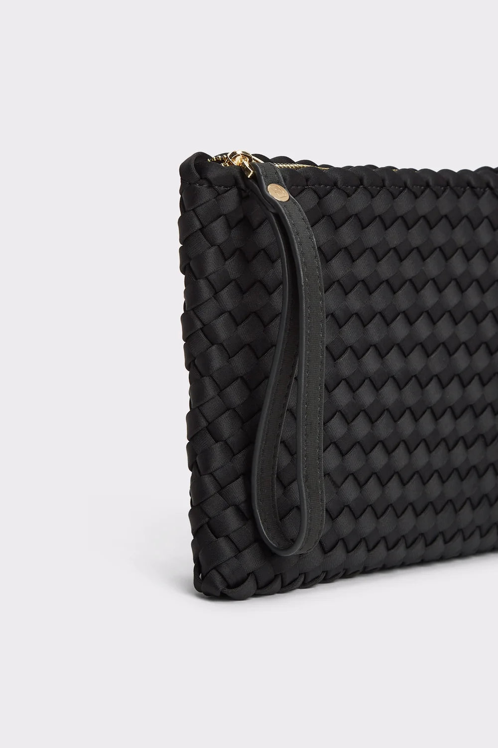 A black woven leather clutch bag with a matching wristlet strap and gold-tone hardware, shown on a light gray background.