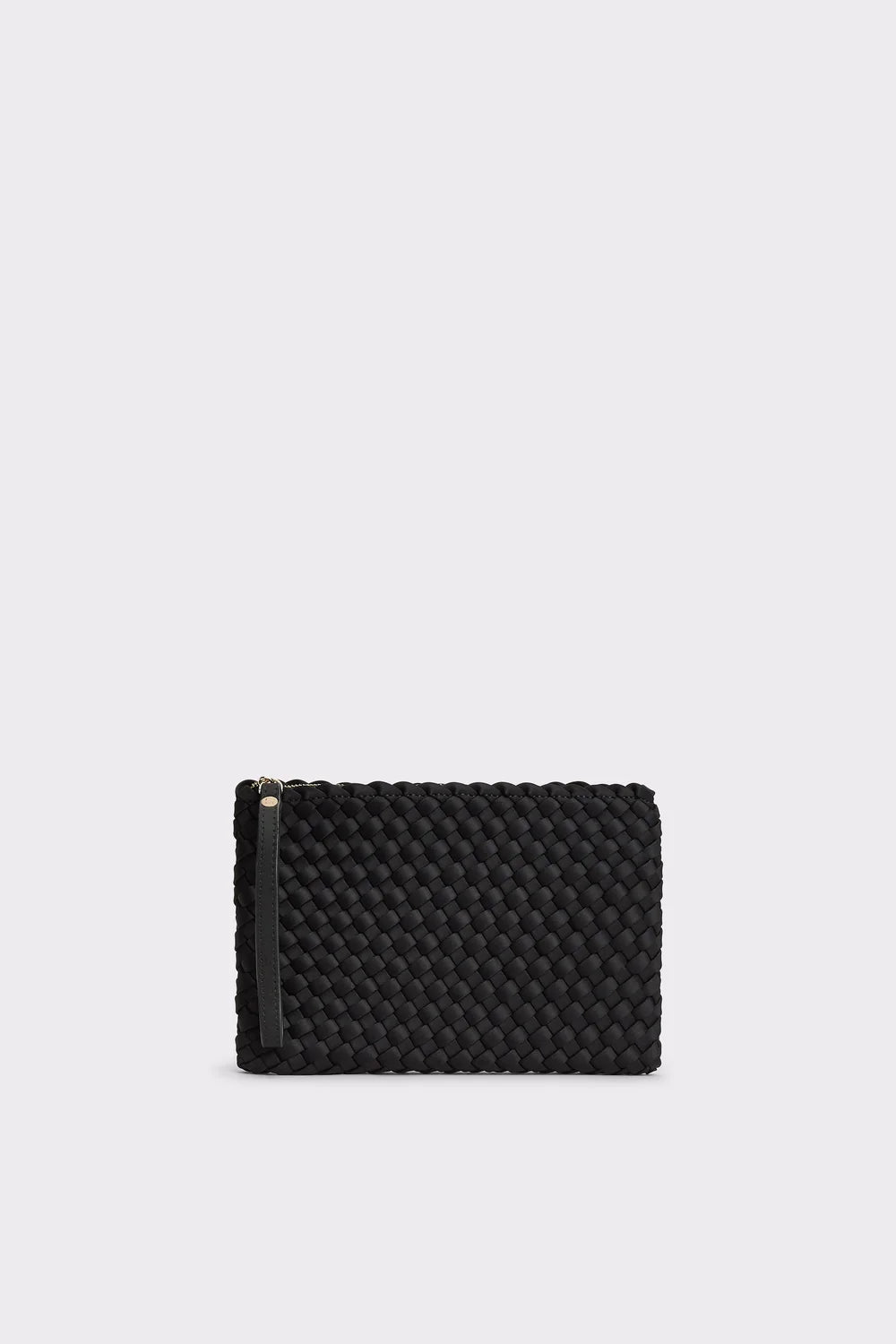 A black woven leather clutch or wallet with a small black zipper pull, shown against a solid light gray background.